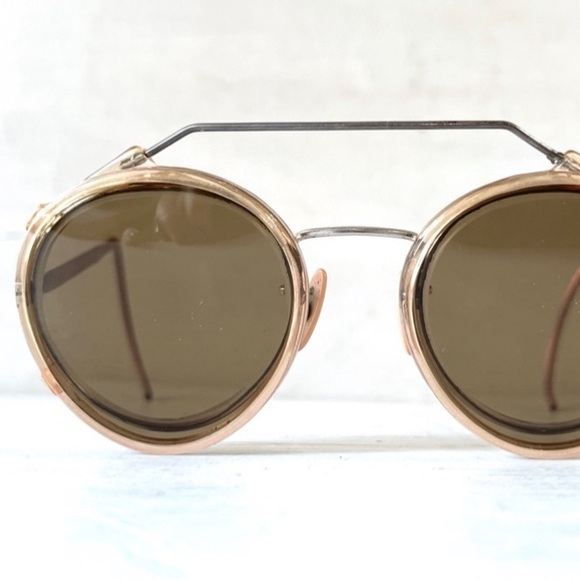 Antique Larry Davis Metal Round Eyeglasses w Sunglasses Clip On Near Sighted Rx - Picture 1 of 16